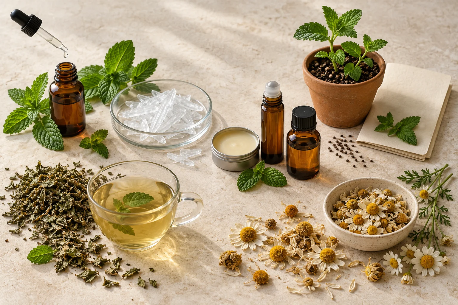 Bố cục minh họa chai không nhãn, tinh thể, balm, trà, cây con và hoa khô.