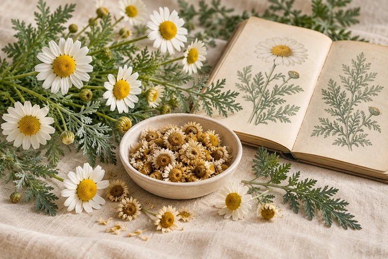 White flowers, green foliage and dried flowers beside a botanical notebook.