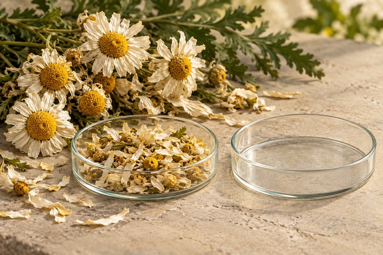 Dried flowers and two glass dishes in a comparative arrangement.