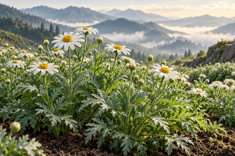 White flowering plants against layers of mountain scenery.