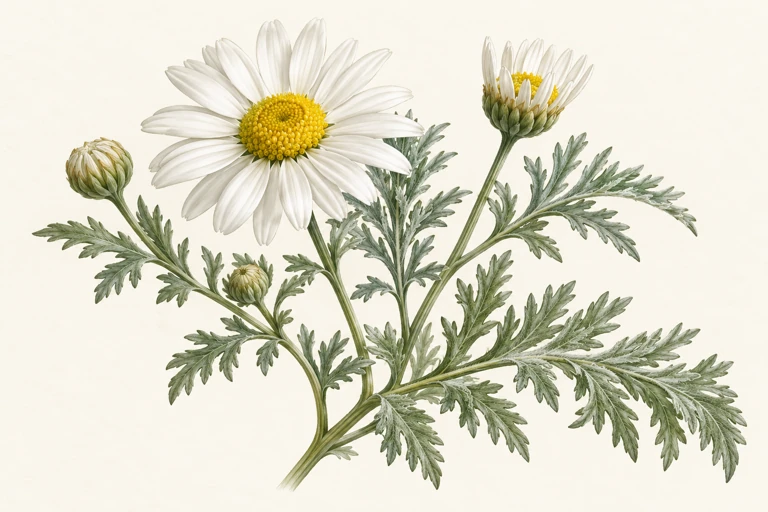 A white flowering stem with yellow centres and divided leaves.
