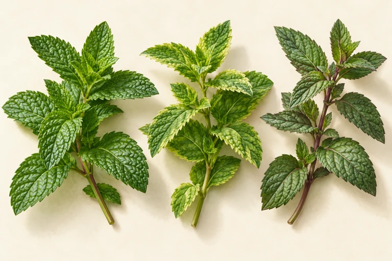 Three green leafy sprigs with different forms.