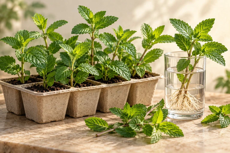 Young plants in a propagation tray and a cutting in water.