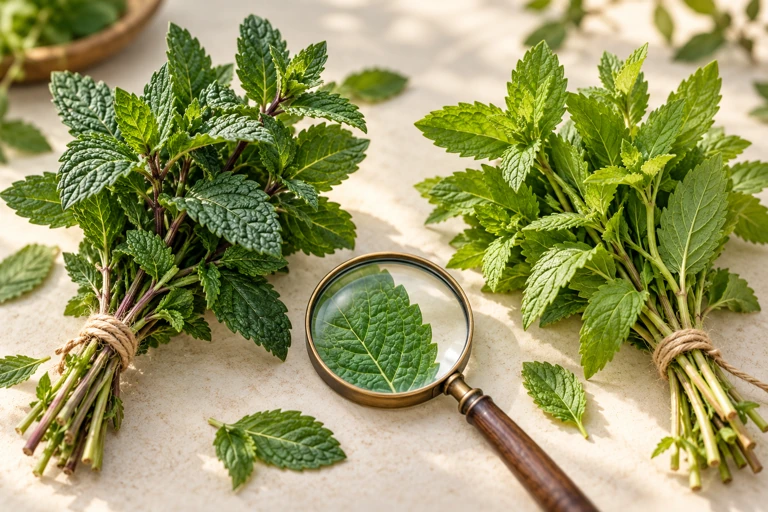 Two bundles of green leaves and a magnifying glass on a light surface.