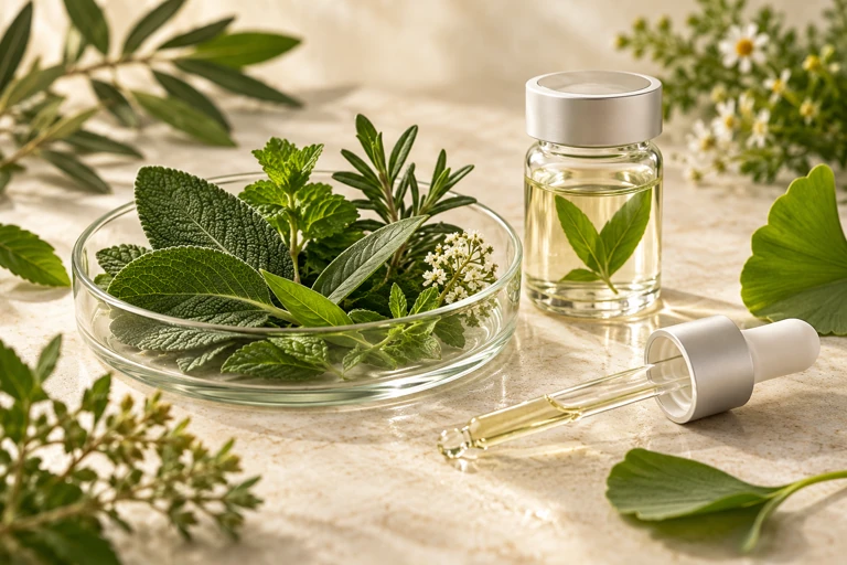 Botanical leaves in a sample dish with glassware.