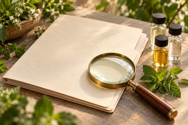 Blank documentation, a magnifying glass and unlabelled sample vials.