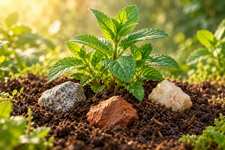 A green plant in soil with natural stones.