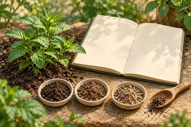 A green plant, a blank notebook and soil samples.