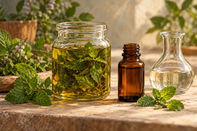 A jar of leaf-infused oil beside separate glass vessels.