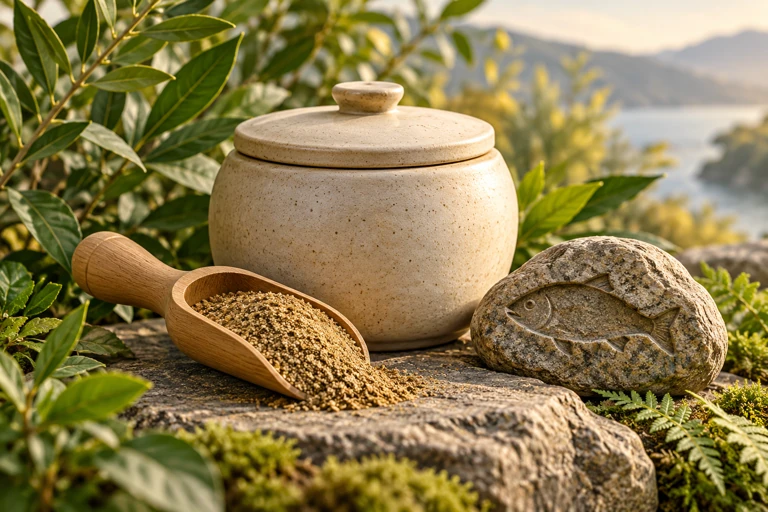 A lidded ceramic vessel, a scoop and a fish-shaped stone detail.