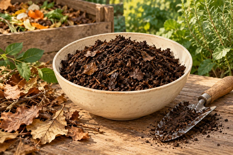 Brown compost material, dry leaves and gardening tools.